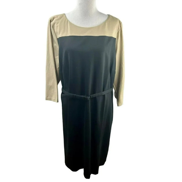 NEW Talbots Ponte Knit‎ Sheath Dress Plus 24W Color Block Belt Stretch Tan Black - Picture 1 of 9